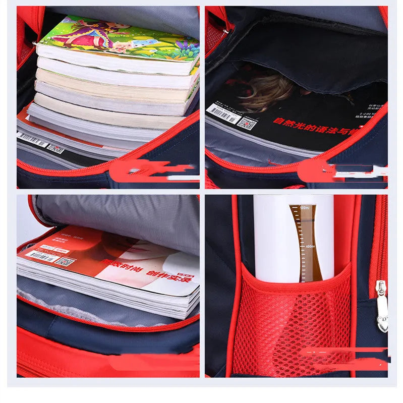 Blue cartoon print children's nylon school backpack with pencil case, shown with front pocket.