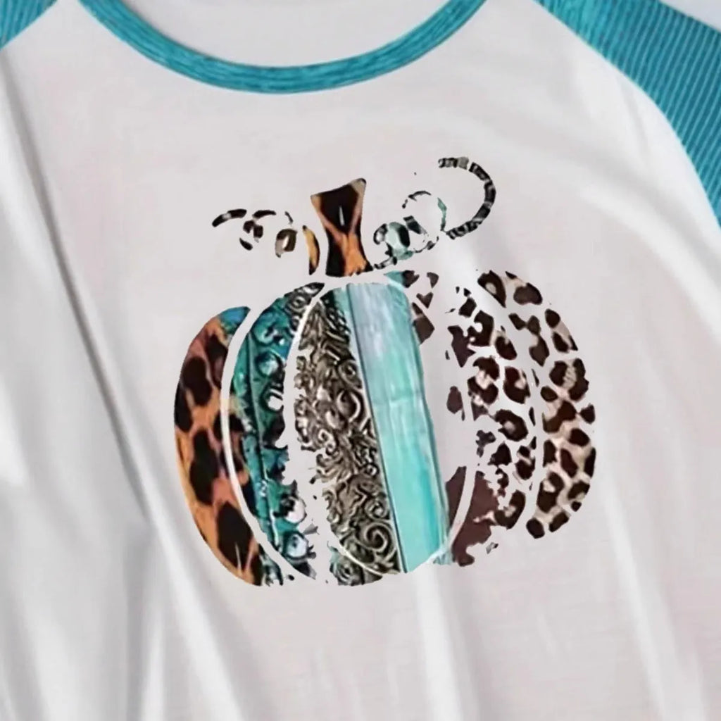 Sky blue Halloween pumpkin 3D print casual T-shirt with long sleeves and polyester fabric