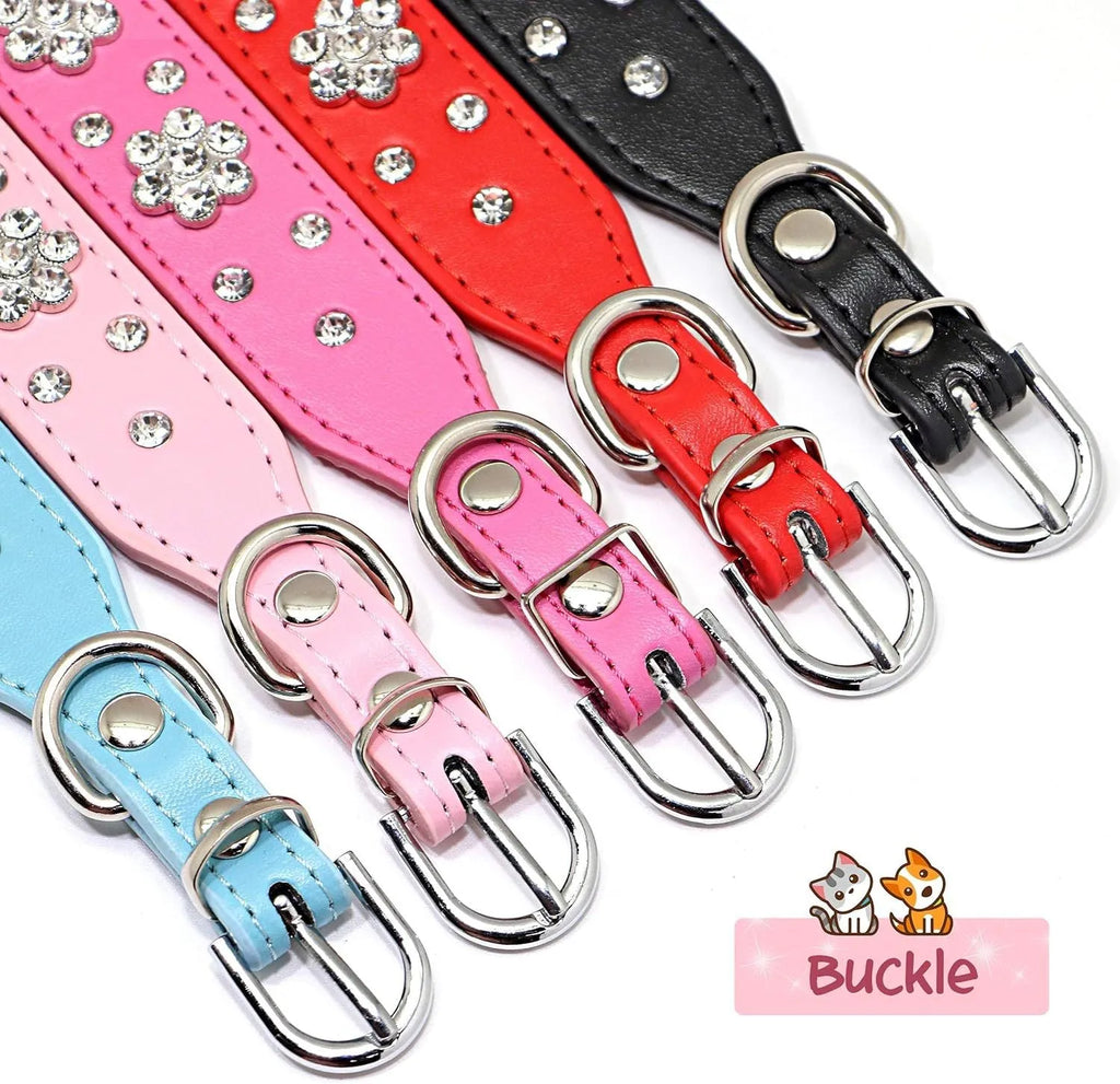 PU leather dog collar with rhinestone flower patterns and metal studs in adjustable sizes