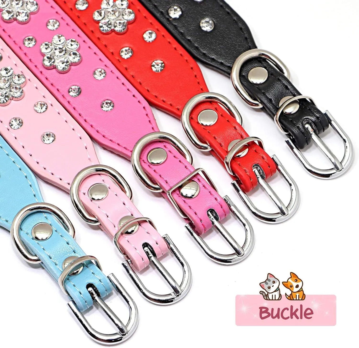 PU leather dog collar with rhinestone flower patterns and metal studs in adjustable sizes