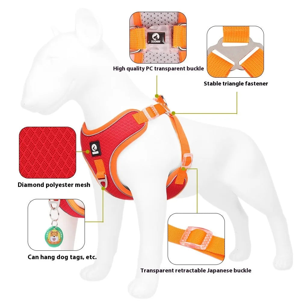 Adjustable breathable mesh dog harness with reflective trim in black, red, gray, or light purple