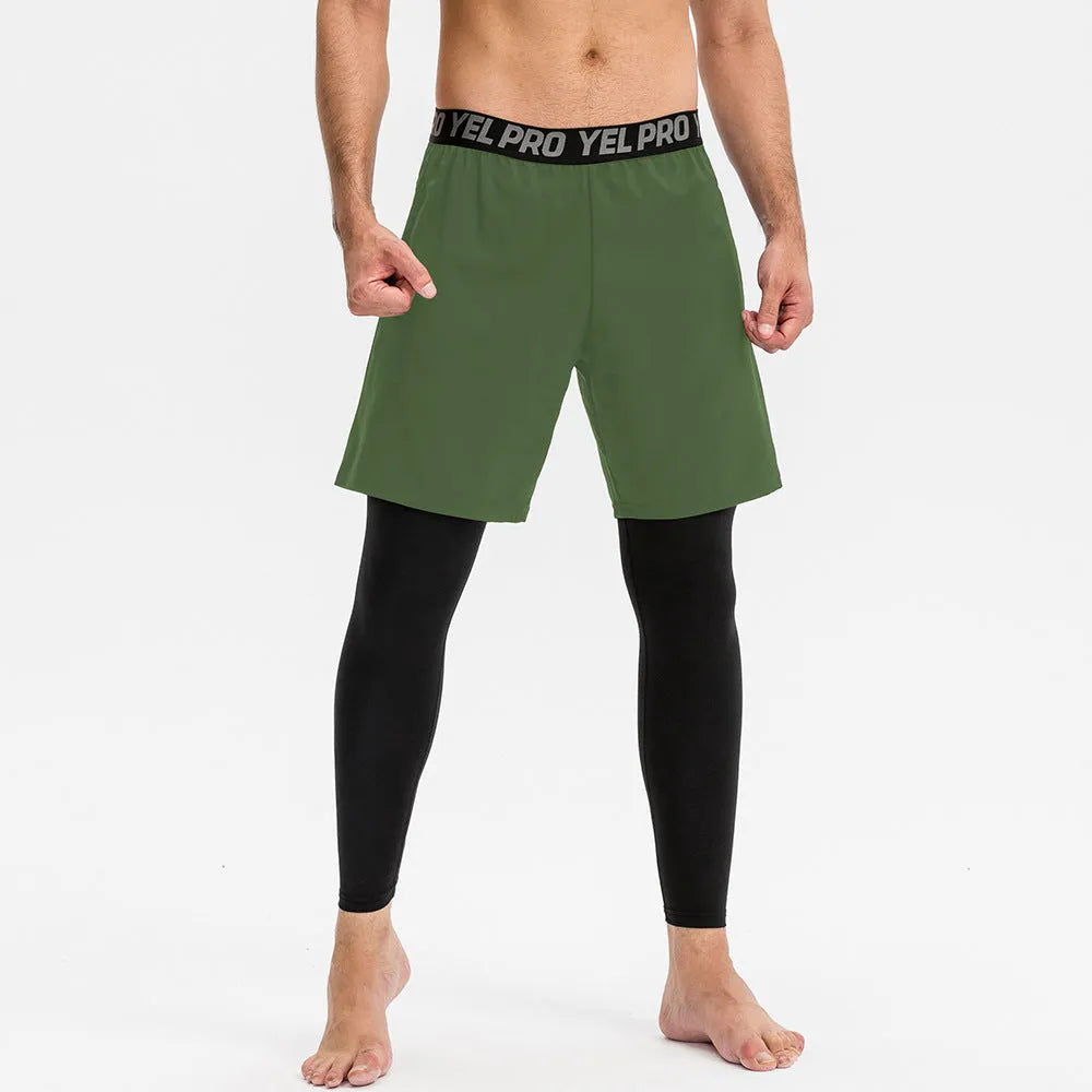 Men's grey quick-drying high elastic tight pants for fitness exercise on a model