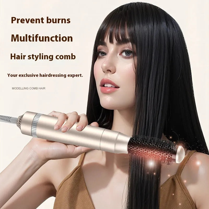 Champagne gold five-in-one hot air comb hair curler and straightener styling tool.