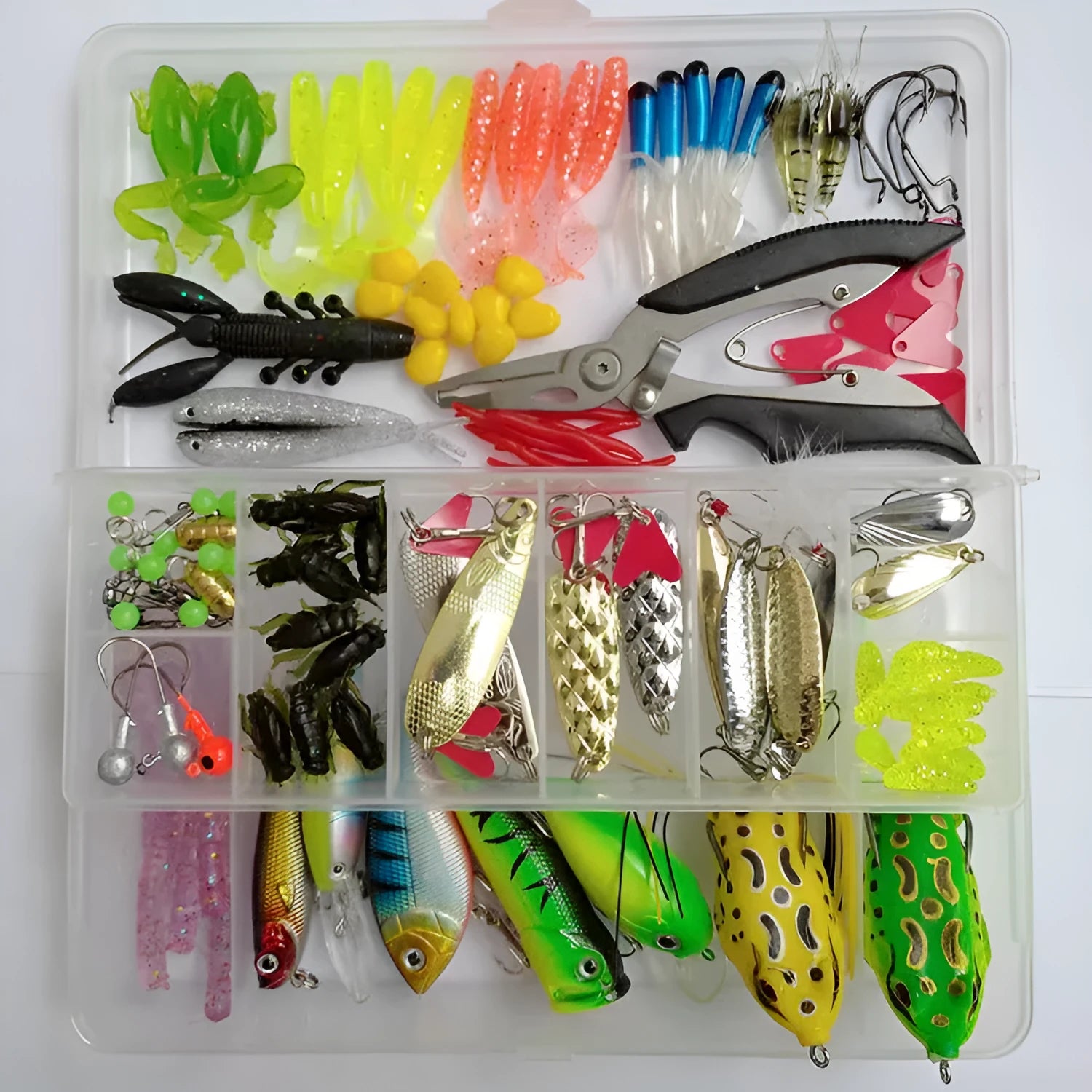 142-piece fishing lure set with hard mino sequins, metal lures, plastic bait, and fishing pliers