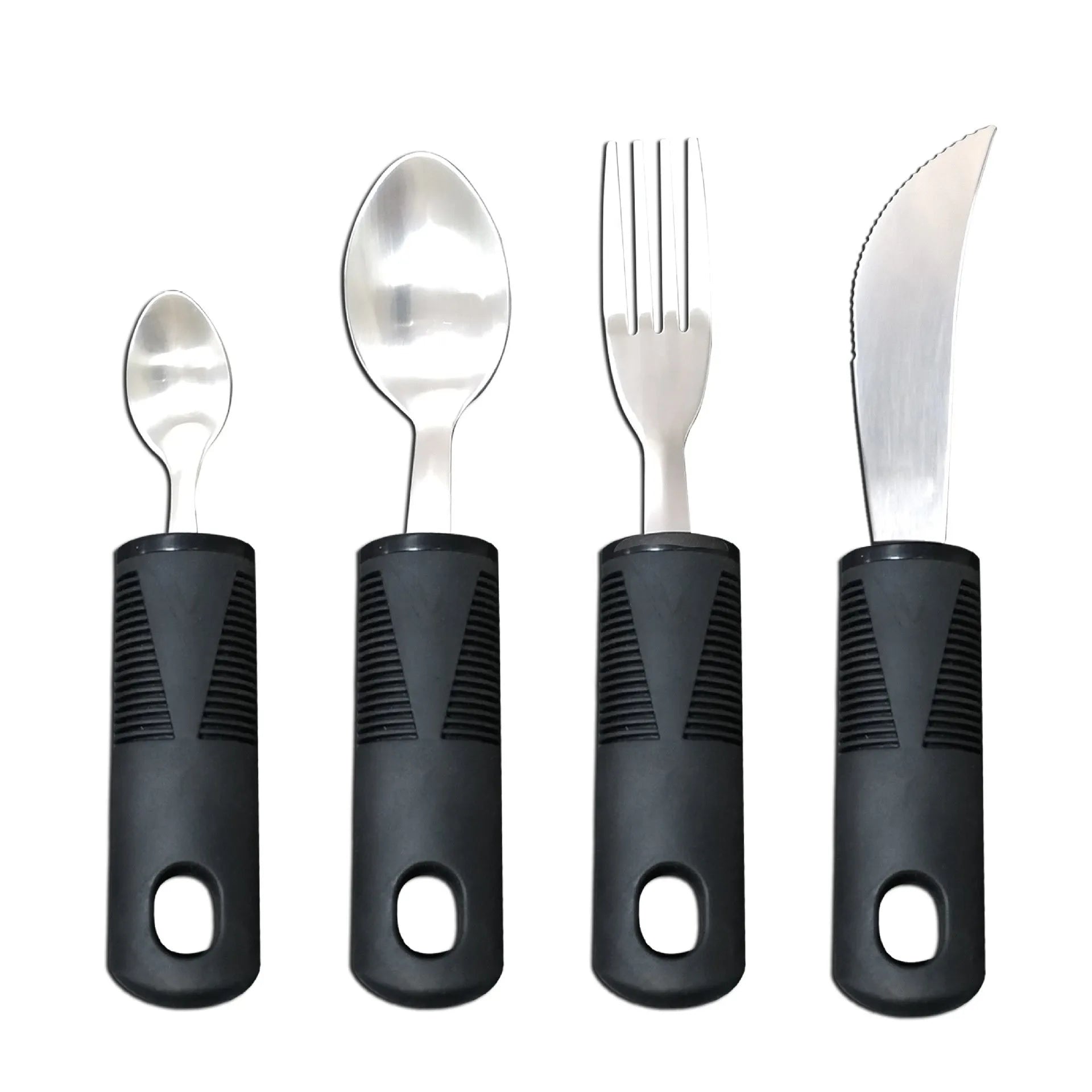 Anti-shake adaptive tableware set with stainless steel utensils and rubber handle grips