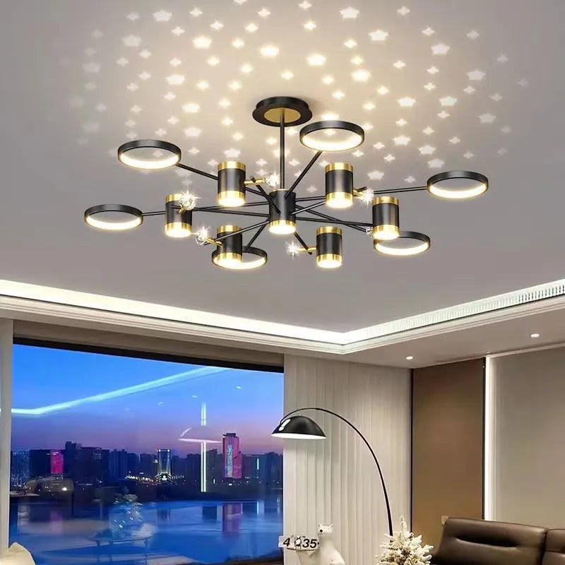 Black iron pendant chandelier with 13 lamp heads and a remote control.