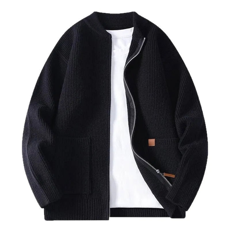 Men's straight-cut striped cardigan jacket in a chemical fibre blend fabric.