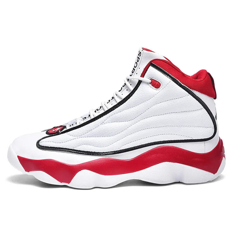 Men's high-top basketball shoes in AJ13 colourways with mesh upper and rubber sole.