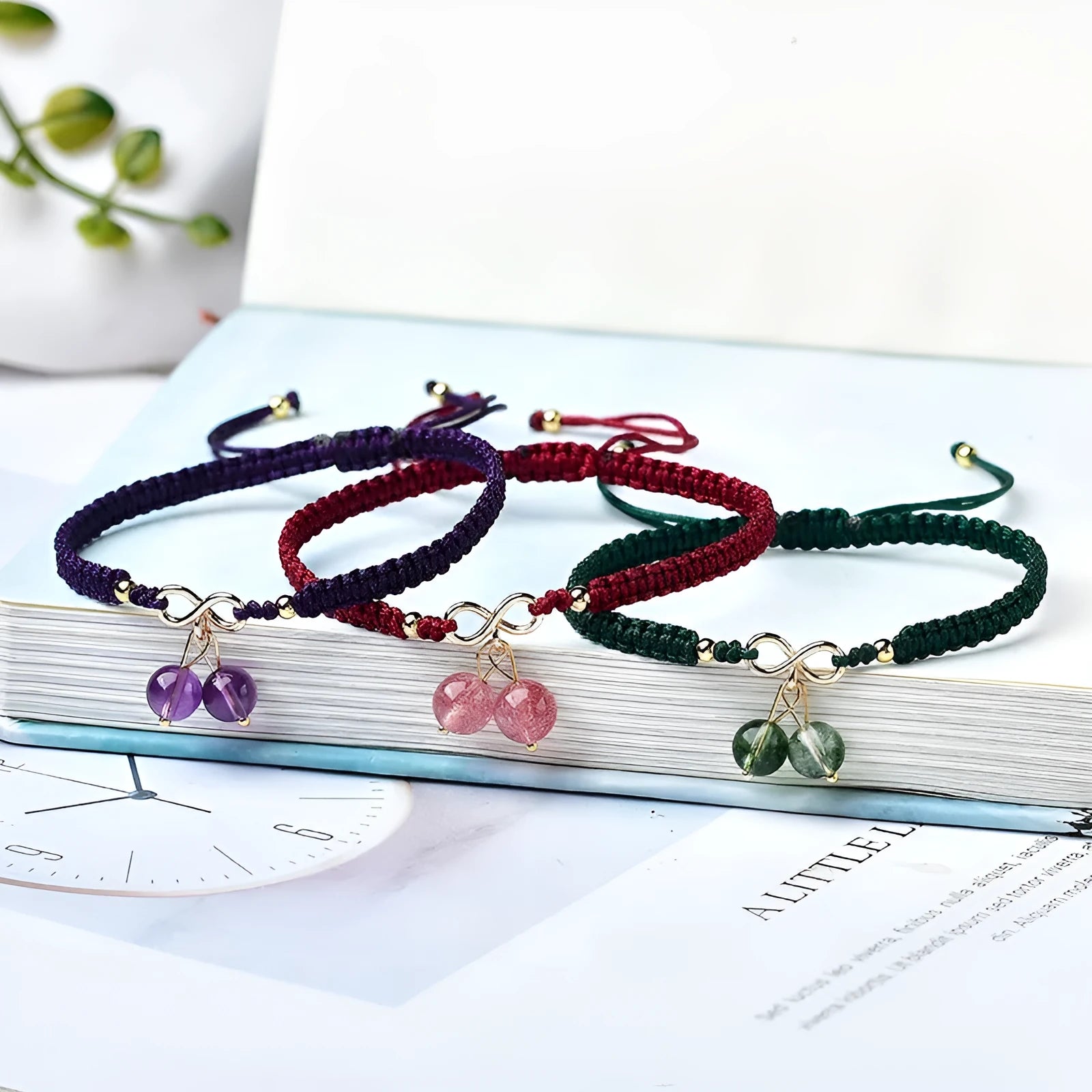 Natural strawberry quartz cherry bracelet for women with fruit-shaped crystal charm in three colour options