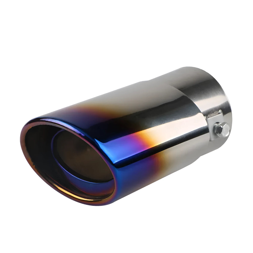 Stainless steel car modification tailpipe in baked blue, bright silver, and colourful finishes, straight and curved styles.