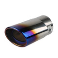 Stainless steel car modification tailpipe in baked blue, bright silver, and colourful finishes, straight and curved styles.
