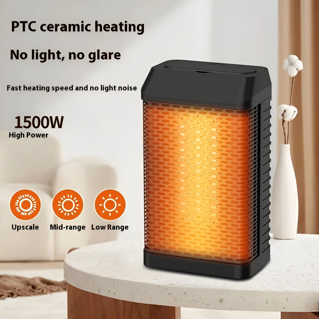 Black remote control desktop smart heater with compact rectangular design on a wooden surface.
