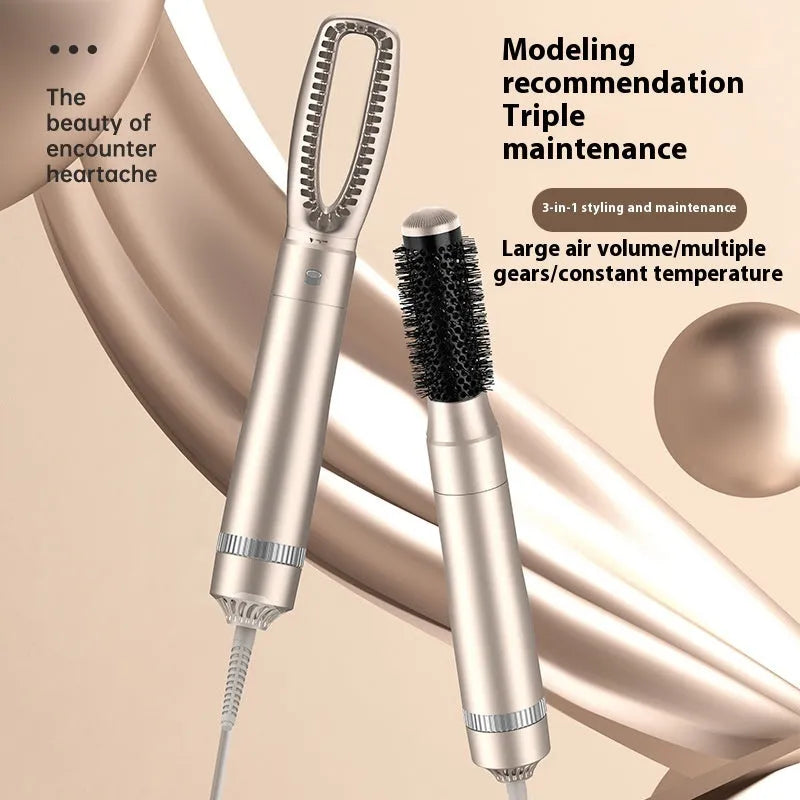 Champagne gold five-in-one hot air comb hair curler and straightener styling tool.