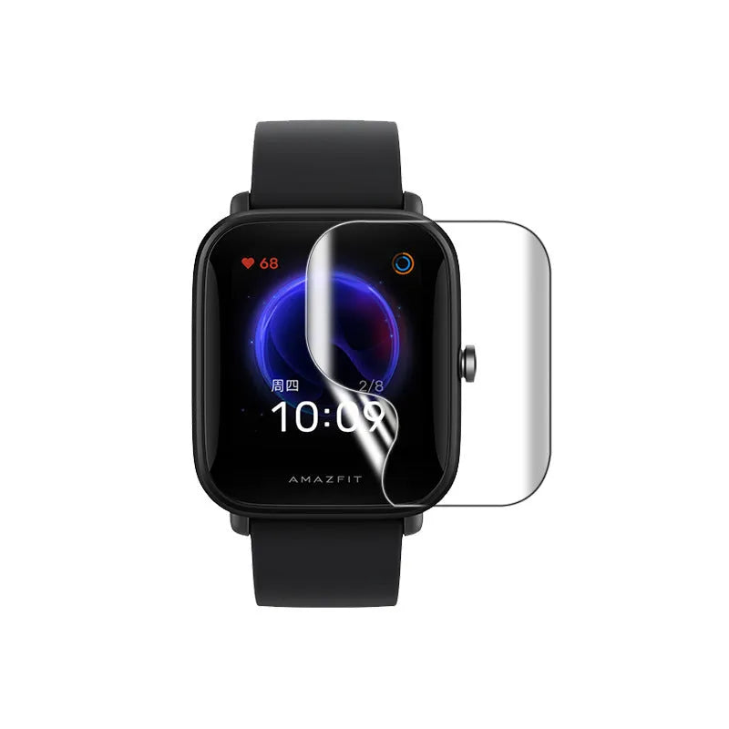 Amazfit Bip S smartwatch with full screen transparent TPU hydrogel protector applied.