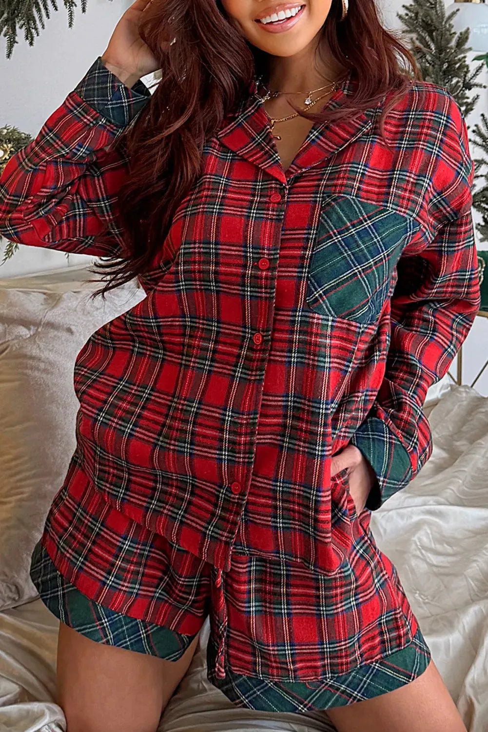 Red Christmas pyjama set with plaid contrast patched long sleeve shirt and matching shorts