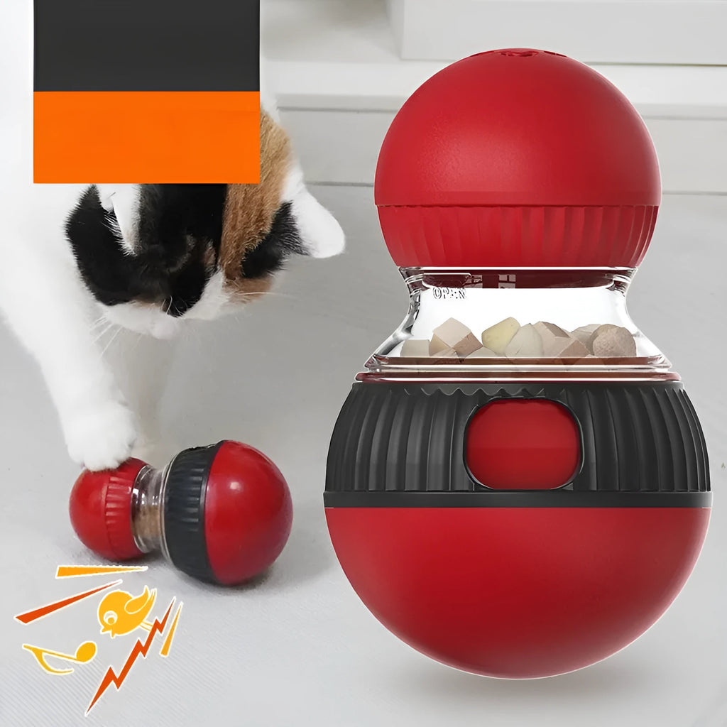 Rotating cat toy with super ball design showing food dropping mechanism and plastic construction