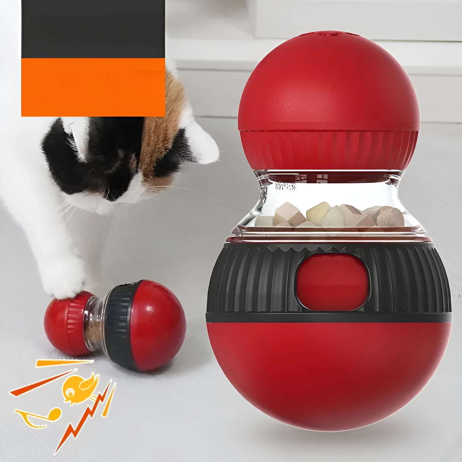 Plastic rotating cat toy with sound mechanism and colourful super ball for interactive feline play