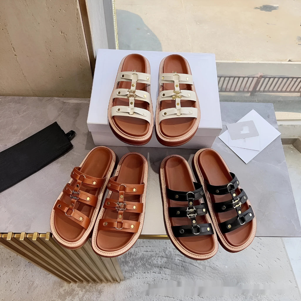 Women's retro Roman style sandal slippers in patent leather sheepskin, available in white, black and brown