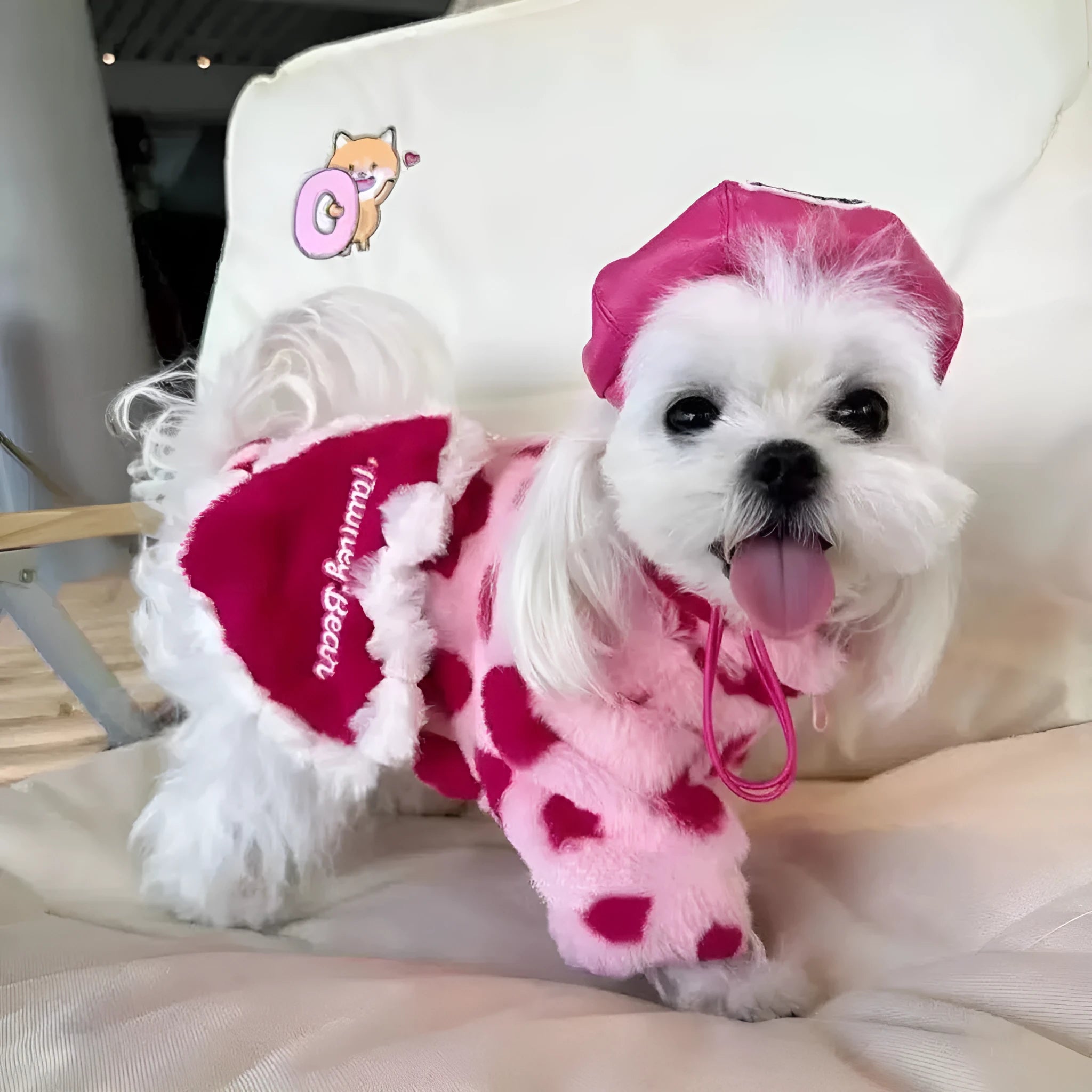 Pink and brown plush dog coats for small breeds like Bichon and Pomeranian