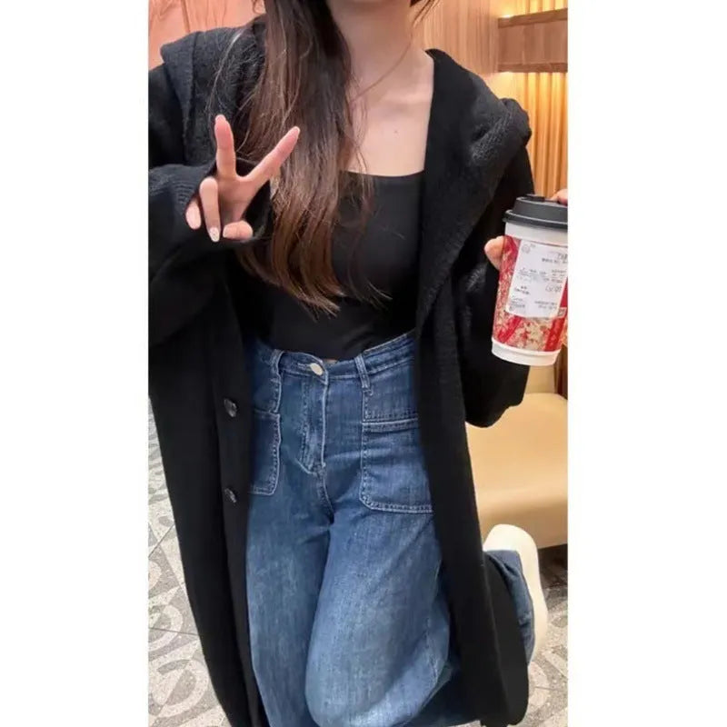 Korean style women's hooded knitted cardigan in wool blend fabric showing below-knee length and loose fit