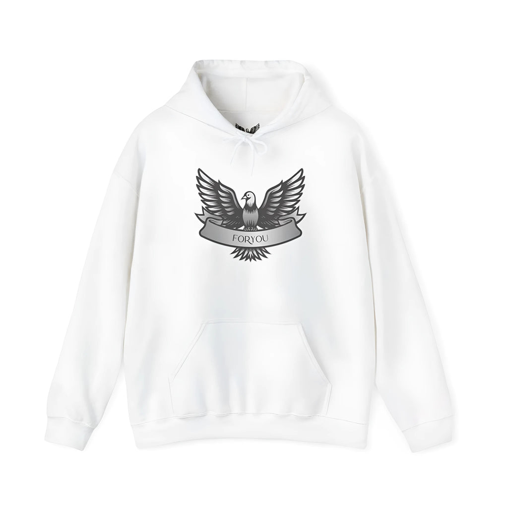 White cotton blend hooded pullover for men and women on a hanger