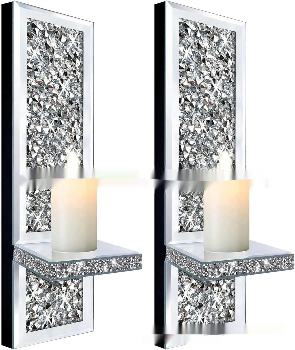 Pair of silver mirror glass candle holders for wall mounting at 10x11x38cm dimensions