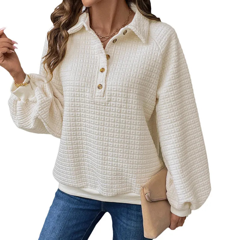 Women's milky white polo collar textured sweater on a hanger