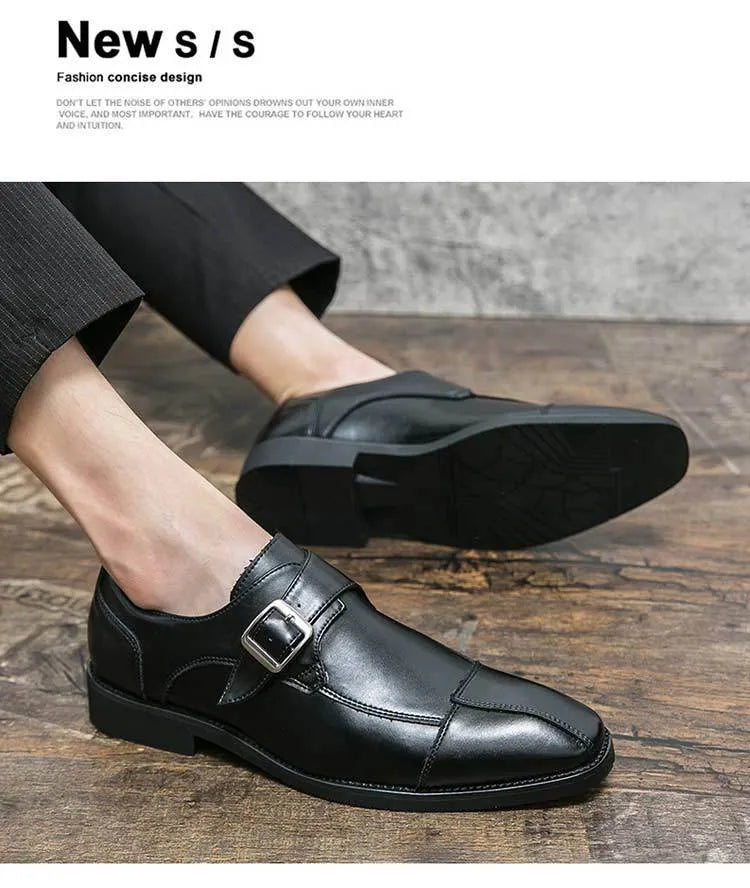 Men's brown blue retro buckle casual shoes with tall crown and microfiber upper.