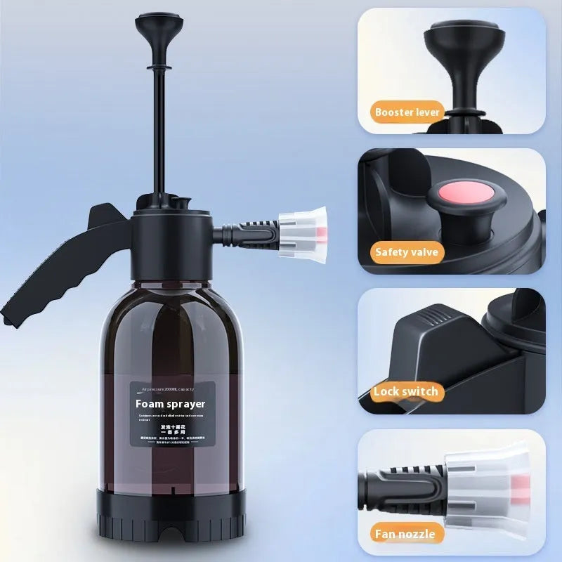 Black hand-held 2L foam sprayer watering can with two nozzle attachments