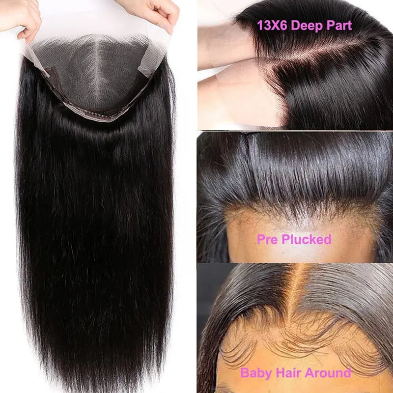 A black 13x6 straight lace front human hair wig displayed on a mannequin head, showing the natural hairline.