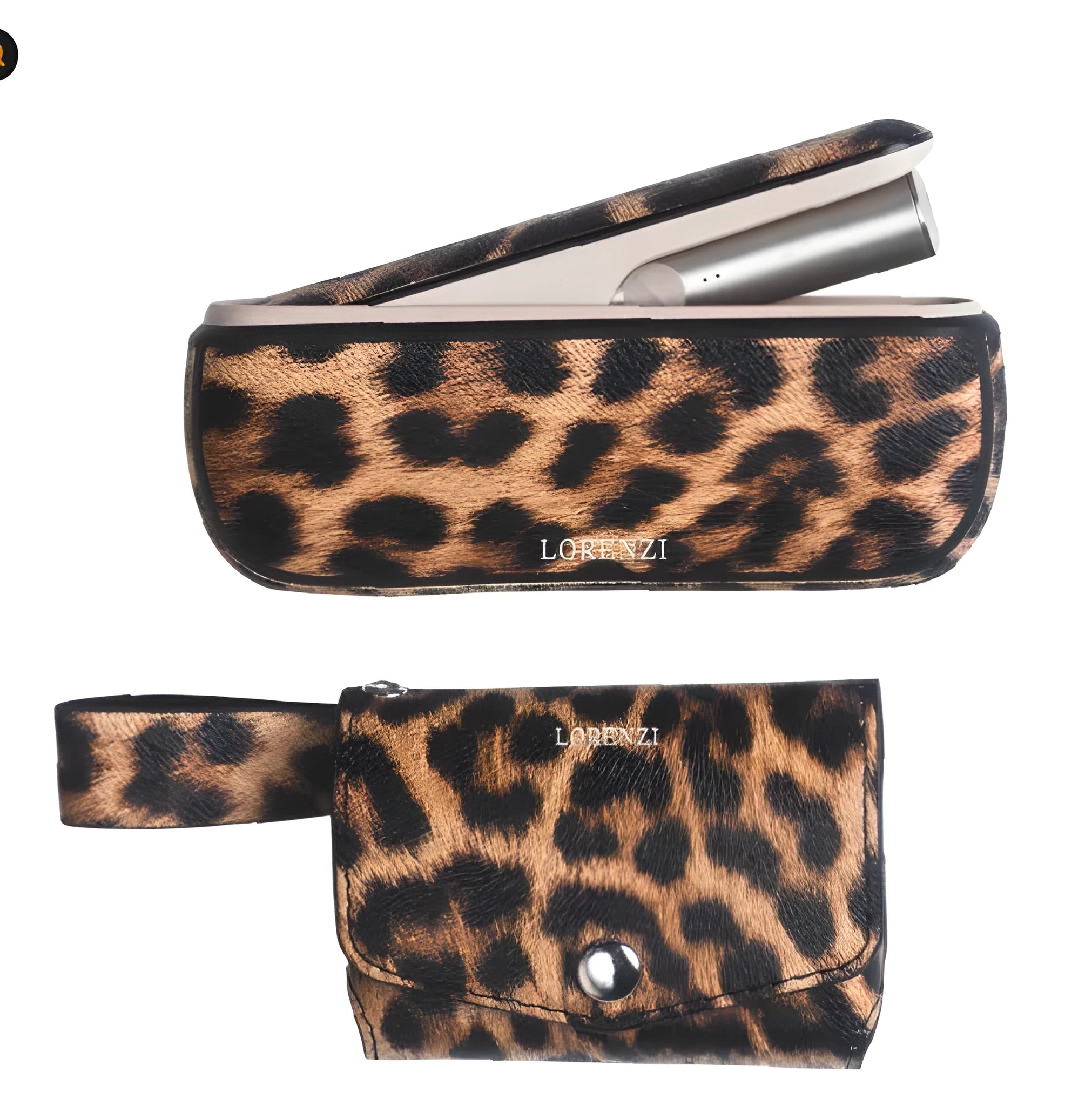Leopard print polyester storage protective bag with zipper, shown next to cosmetics.