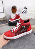Men's black genuine leather high top skeleton shoes with lace-up closure and round toe design
