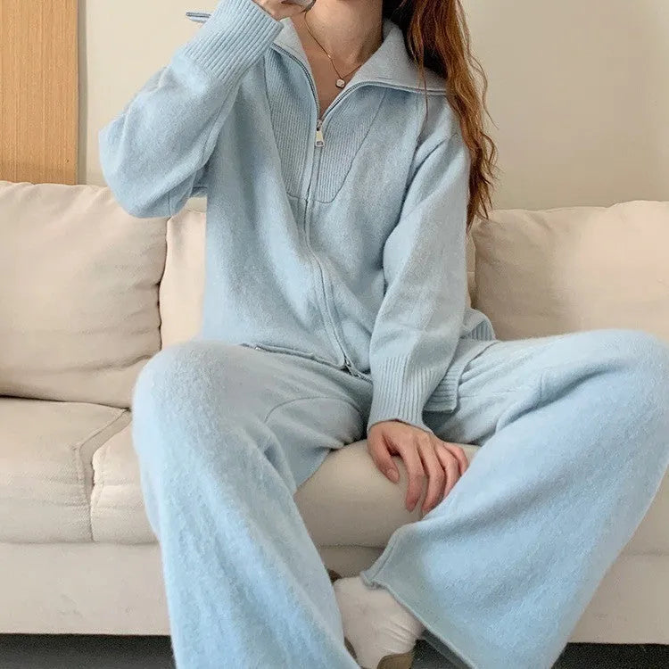 Solid colour polyester knitted zipper cardigan and wide leg pants two-piece set on a hanger.