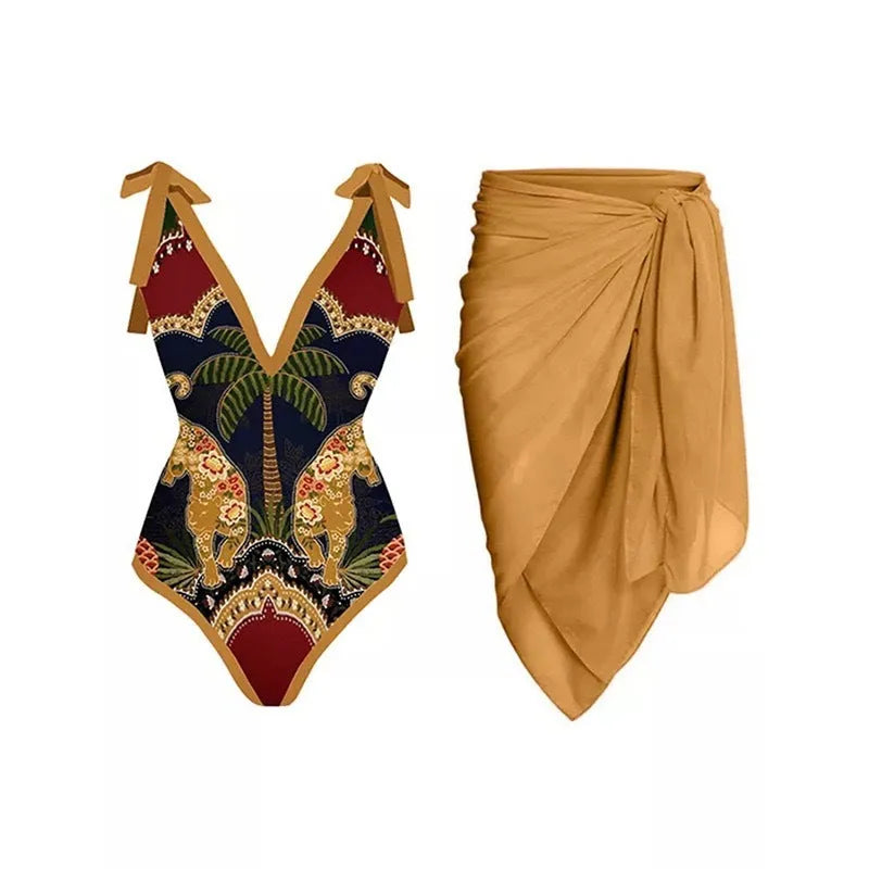 Women's solid colour one-piece swimsuit with spaghetti straps and matching skirt