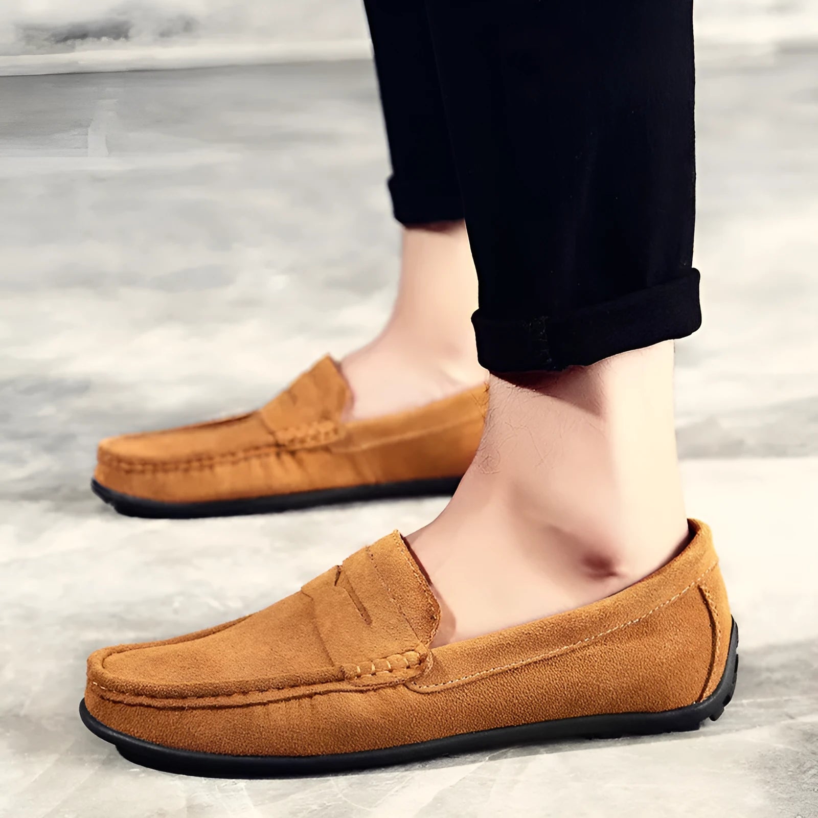 Men's suede leather casual loafers in brown colour with flat rubber sole and decorative stitching
