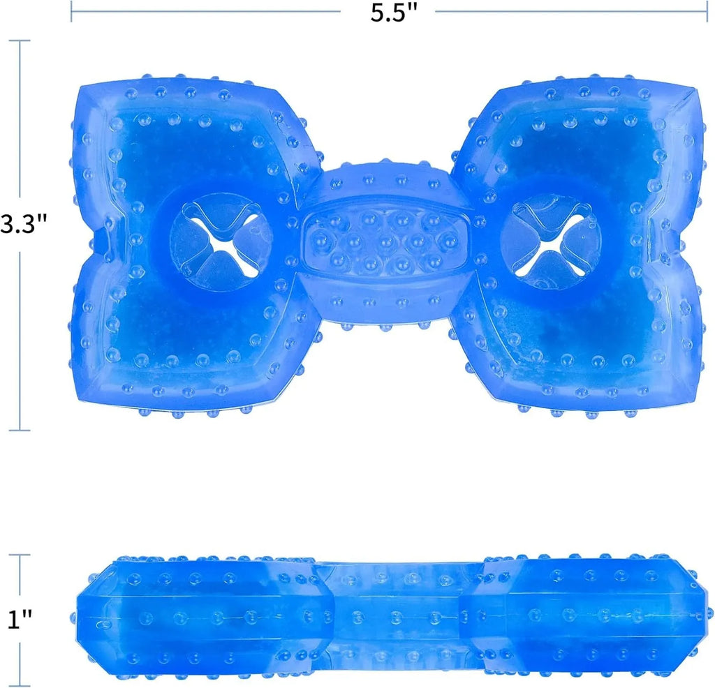 Freezable plastic dog chew toy filled with water for cooling and teething relief.