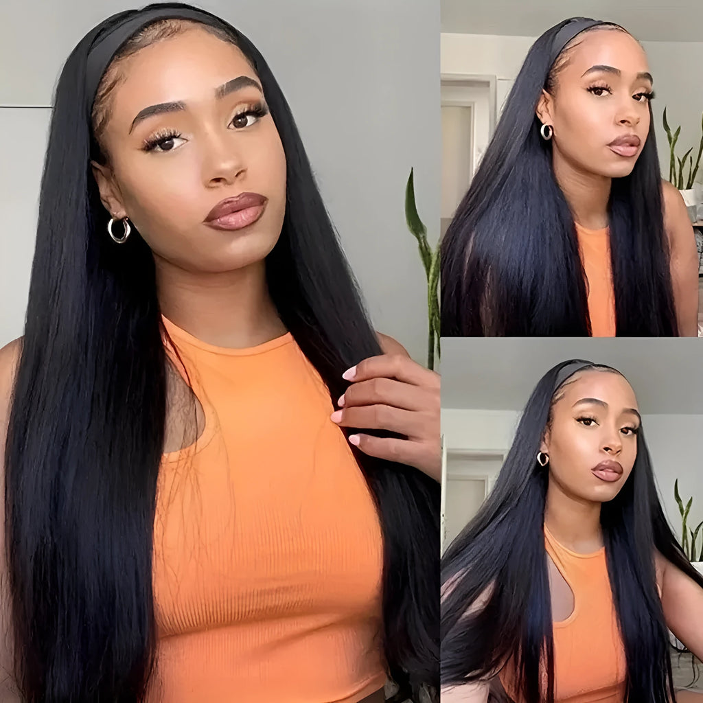 Headband wig with long straight black hair showing integrated headband design