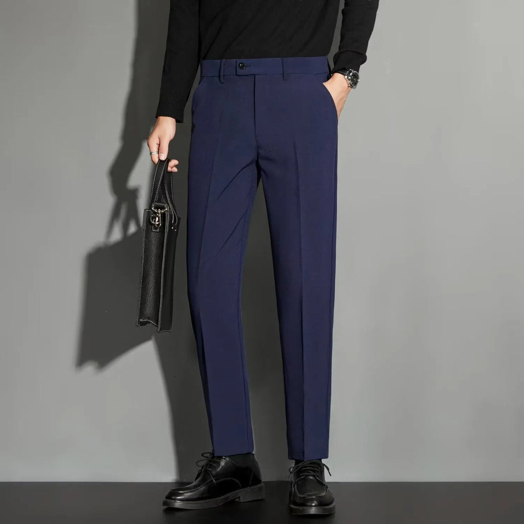 Men's straight leg suit trousers in chemical fibre blend with spring draping effect, shown in apricot colour