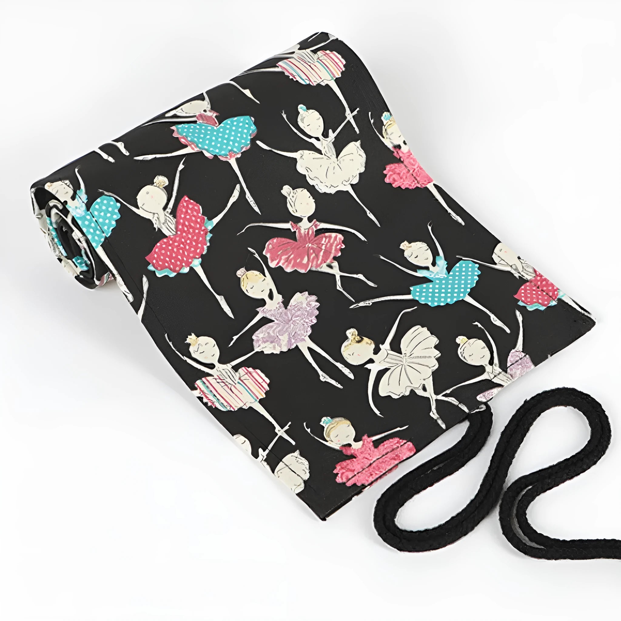 Rolled-up canvas pencil case with ballet girl print, showing multiple pencil slots.