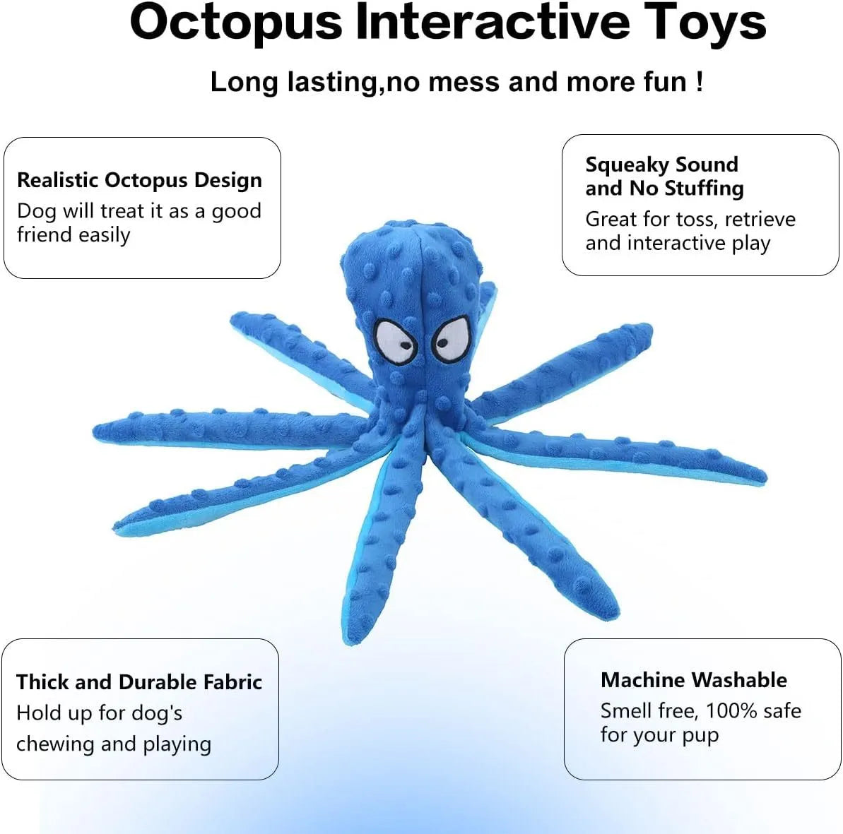 Blue, green, orange, and purple octopus-shaped dog squeaky toys with no stuffing on a white background.