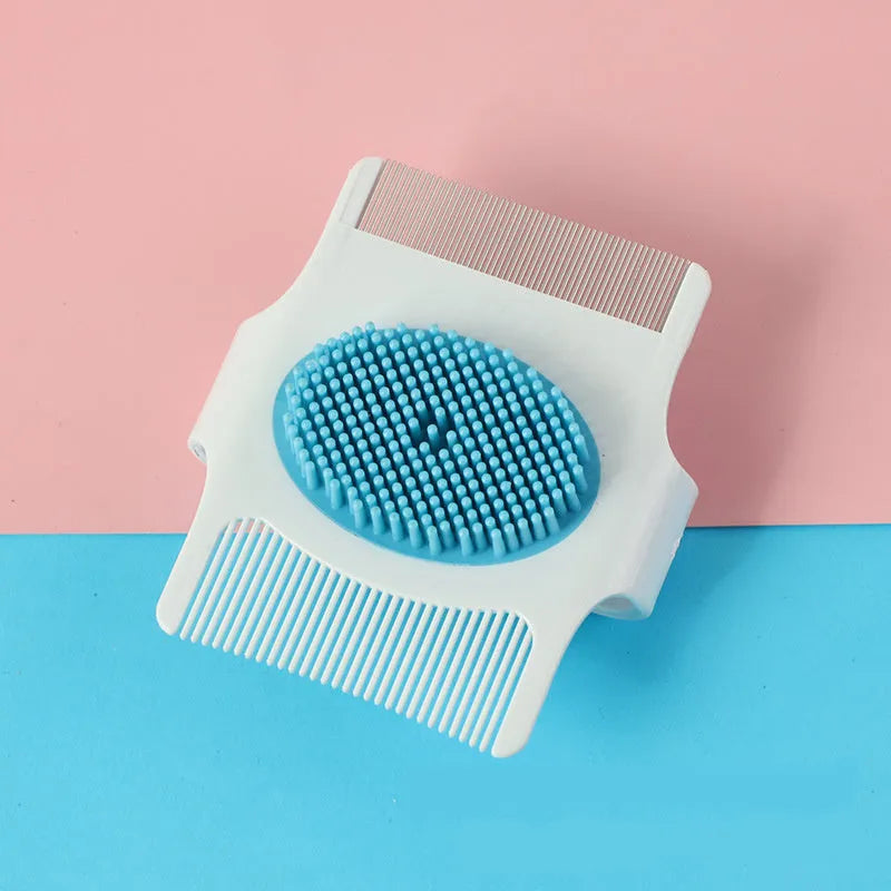 Blue or green multifunctional pet grooming comb for hair removal and massage, 8.5 cm long.