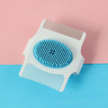 Blue or green multifunctional pet grooming comb for hair removal and massage, 8.5 cm long.