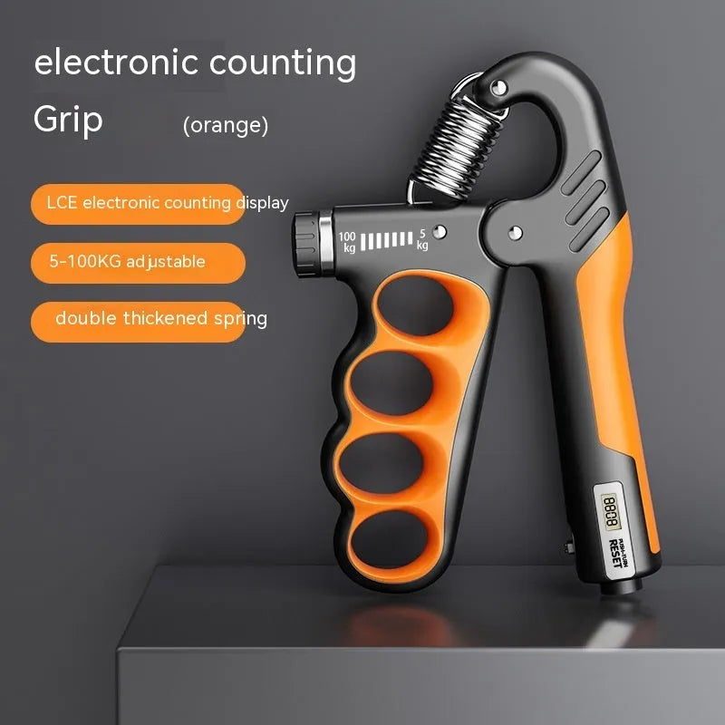 Electronic counter spring grip with adjustable resistance in grey, orange and red colour options