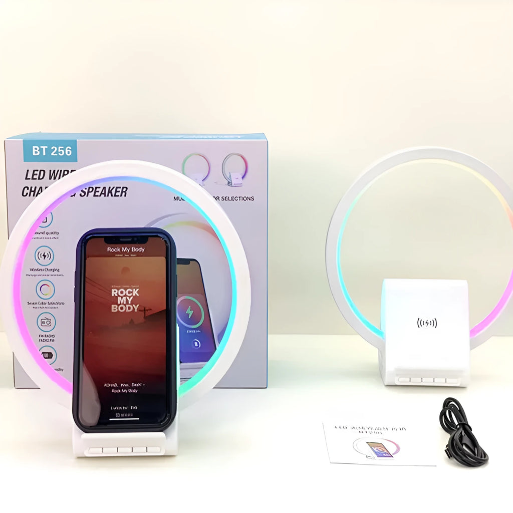White Bluetooth speaker with wireless charging surface and ambient lighting, dimensions 225mm by 200mm