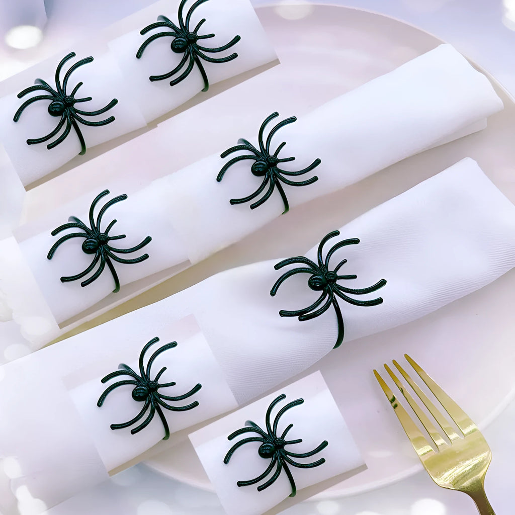 Six black spider design alloy napkin rings for Halloween table decoration