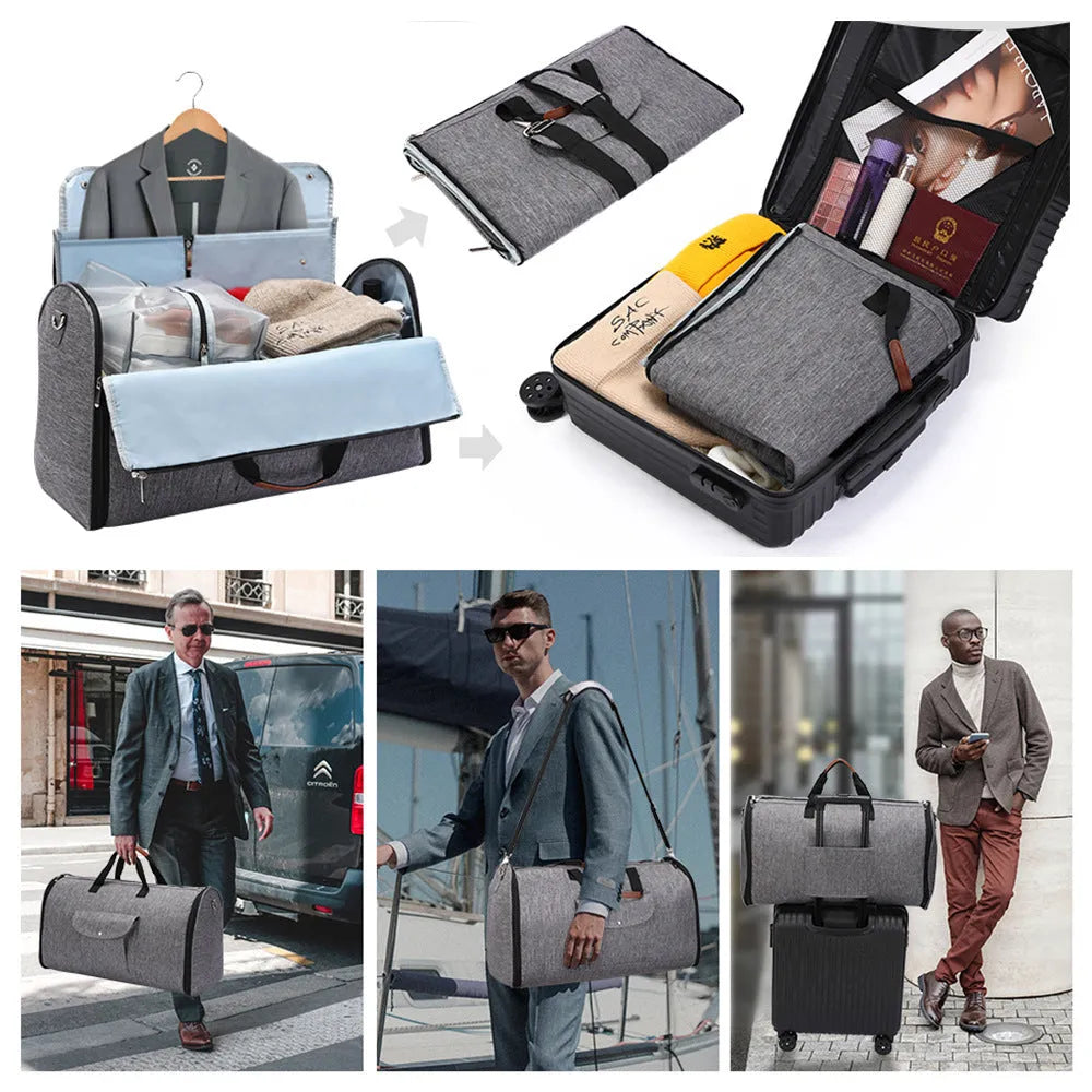 Dark blue folding duffel bag with handles, suitable for travel and gym use.