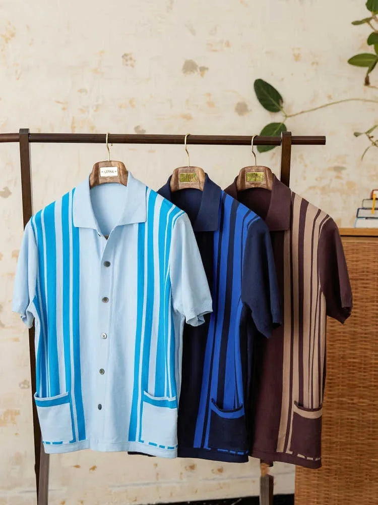 Cotton striped short-sleeve cardigan polo shirt with lapel collar in light blue colour