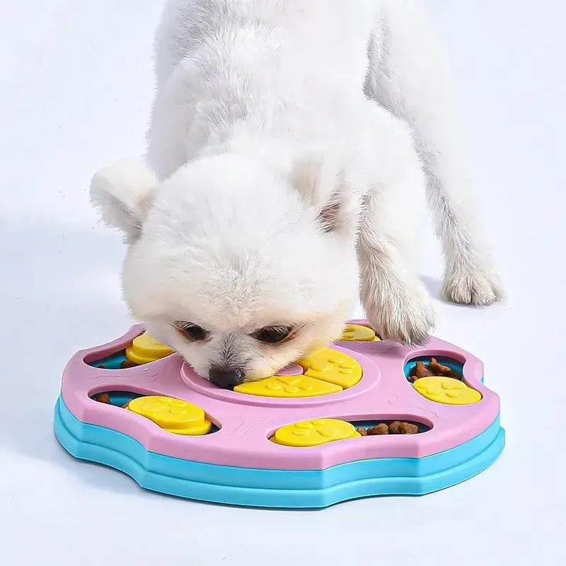 Blue dog puzzle toy food feeder bowl with interactive game elements for aggressive chewers