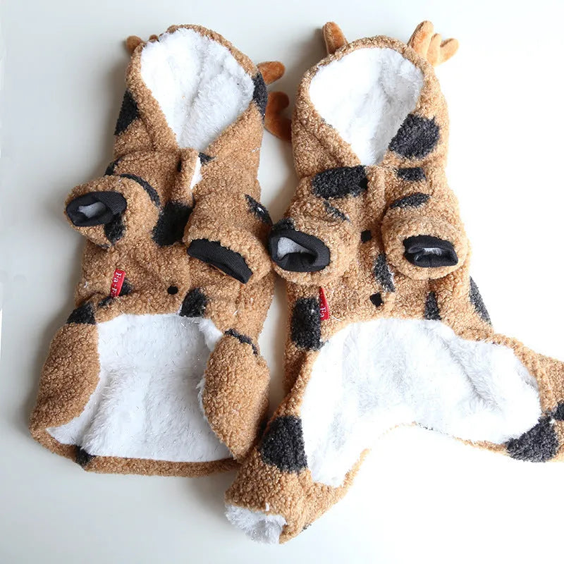 Polka dot elk couple pattern pet clothing for dog or cat, shown in skirt style and four-legged style on mannequin.