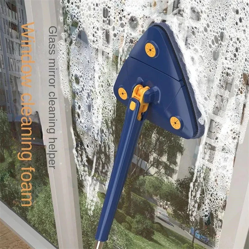 Blue extendable triangle cleaning mop with 360° rotating head and stainless steel pole